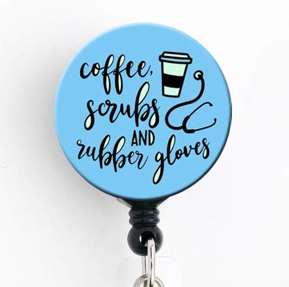 Product Cover Coffee Scrubs and Rubber Gloves - Retractable Badge Reel with Swivel Clip and Extra-Long 34 inch Cord - Badge Holder Nurse