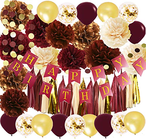 Product Cover Wine Burgundy Champagne Gold Birthday Party Decorations/Fall Birthday Decor Happy Birthday Banner Maroon Gold Balloons Women Burgundy 30th/40th/50th Birthday Party Decorations