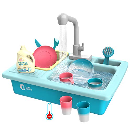 Product Cover CUTE STONE Color Changing Kitchen Sink Toys, Children Heat Sensitive Electric Dishwasher Playing Toy with Running Water, Automatic Water Cycle System Play House Pretend Role Play Toys for Boys Girls