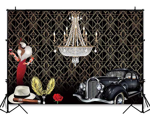 Product Cover Funnytree 7x5ft Roaring 20's Themed Party Backdrop The Great Gatsby Flapper Adult Birthday Background Gangster Vintage 20s Decor Wedding Decoration Photo Booth Cake Table Banner