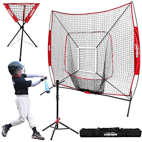 Product Cover Zupapa 7x7 Feet Baseball Softball Hitting Pitching Net Tee Caddy Set with Strike Zone, Baseball Backstop Practice Net for Pitching Batting Catching for All Skill Levels (Red)
