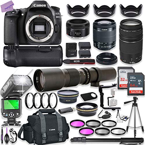Product Cover Canon EOS 80D DSLR Camera w/ 18-55mm Lens Bundle + Canon 75-300mm III Lens, Canon 50mm f/1.8 & 500mm Preset Lens + Battery Grip + Canon Case + 96GB Memory + Speedlight Flash + Professional Bundle