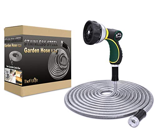 Product Cover TheFitLife Flexible Metal Garden Hose - 25/50/75/100 FT 304 Stainless Steel Water Hose with Newest Spray Nozzle and Solid Metal Fittings, Lightweight, Kink Free, Durable and Easy to Store (50 Feet)