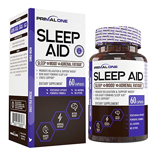 Product Cover PRIMAL ONE Sleep AID - Non Habit Forming Sleep Support & Adrenal Fatigue Supplement - Stress Relief, Better Mood & Relaxation w/Melatonin, Lemon Balm, More - 60 Natural Veggie Sleeping Pills