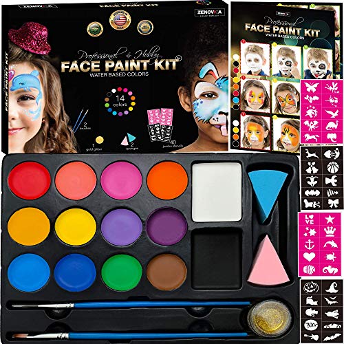 Product Cover Face Paint Kit for Kids - 14 Professional Face Paints, 40 Jumbo Stencils, 2 Brushes, 2 Sponges, Gold Makeup Loose Glitter - Safe Face and Body Painting Kit for Sensitive Skin, Face Painting Book