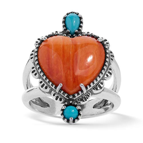 Product Cover American West Sterling Silver Orange Spiny Oyster and Turquoise Gemstone Heart Ring Size 5 to 10