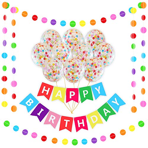 Product Cover Happy Birthday Rainbow Banner Decoration Set | 16 Pack Bright Confetti Balloons Pre-Filled | 16FT Colorful Garland