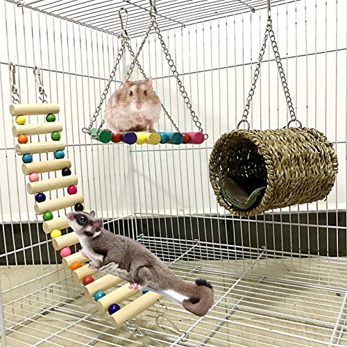 Product Cover Leeko Pet Hammock Hamster Hanging Toy, 3 Piece Set House Hanging Bed Cage Toys for Small Animal Sugar Glider Squirrel Chinchilla Hamster Rat Playing Sleeping