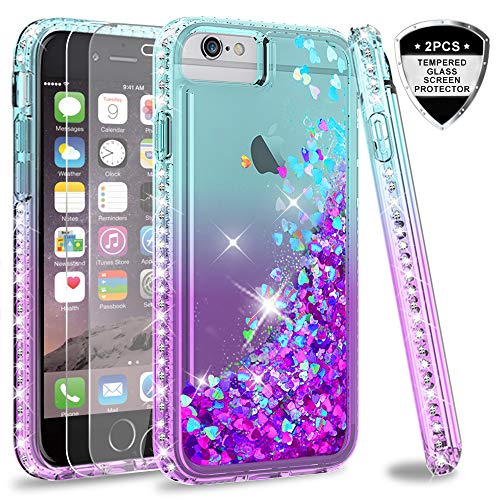 Product Cover iPhone 6s / 6 Case, iPhone 7 Case, iPhone 8 Glitter Case with Tempered Glass Screen Protector [2Pack] for Girls Women,LeYi Moving Quicksand Clear Phone Case for Apple iPhone 6/ 6s/ 7/8 ZX Teal/Purple