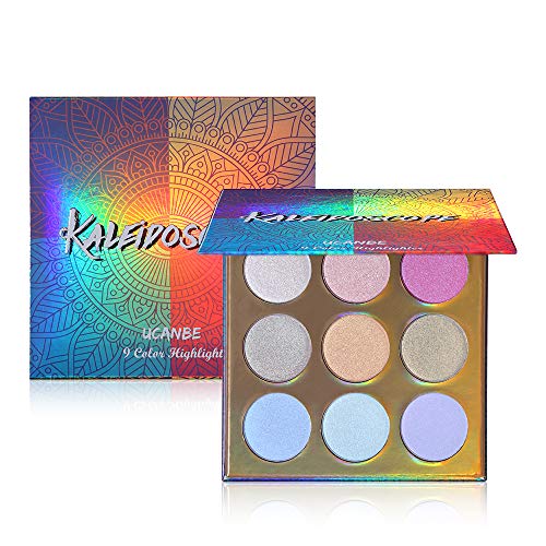 Product Cover UCANBE Kaleidoscope Holographic Highlighter Makeup Palette Kit, 9 Color Polarized Shimmer Illuminating Glow Highlighting Bronzers Powder Set, Laser Outer Packaging with Mirror Cosmetics