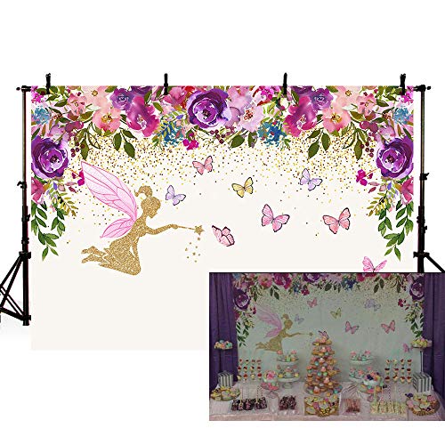 Product Cover MEHOFOTO Fairy Princess Birthday Party Photo Studio Booth Backgrounds Pink Purple Flowers Fairy Baby Shower Butterfly Girl Photography Backdrop Banner 7x5ft