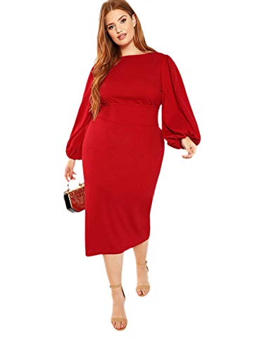 Product Cover Milumia Women's Plus Size Round Neck Long Lantern Sleeve Belted Pencil Dress