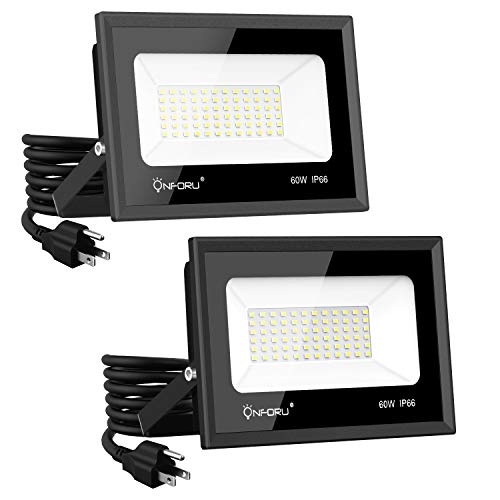 Product Cover Onforu 2 Pack 60W LED Flood Light with Plug, 6500lm Super Bright LED Work Light, IP66 Waterproof Outdoor Security Lights, 5000K Daylight White Floodlight for Yard, Garden, Playground, Basketball Court
