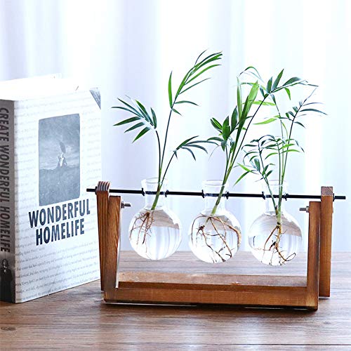 Product Cover Takefuns Hydroponic Vase Glass Planter Bulb Vase Desktop Glass Planter Vase with Retro Wooden Stand Propagation Stations for Hydroponics Plants Office Desk Wedding Decor