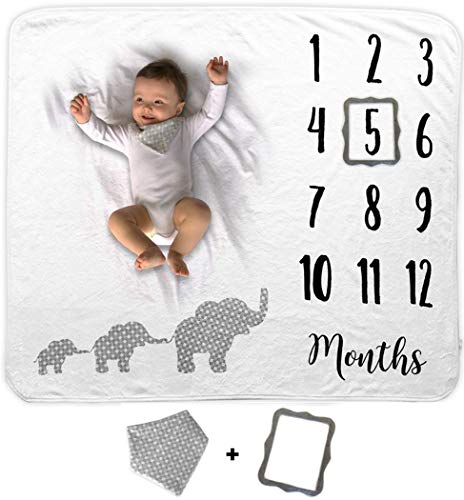 Product Cover Baby Monthly Milestone Blanket | Includes Bib and Picture Frame | 1 to 12 Months | Premium Extra Soft Fleece | Best Photography Backdrop Photo Prop for Newborn Boy & Girl