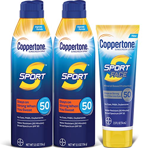 Product Cover Coppertone SPORT SPF 50 Sunscreen Spray + SPORT Face SPF 50 Mineral Based Sunscreen Lotion Multipack (5.5 Ounce Spray, Pack of 2 + 2.5 Fluid Ounce Lotion)