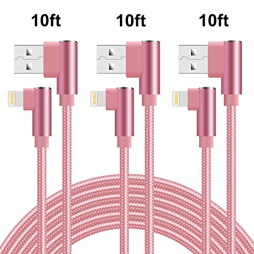 Product Cover 90 Degree iPhone Charger 10ft Lightning Cable 10ft Right Angle iPhone Charger Cable Fast Charging iPhone Cable 10ft 3 Pack Nylon Braided Charger Cord Compatible iPhone/iPad/iPod (Rose Gold,10ft)
