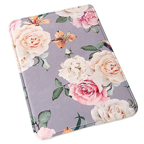 Product Cover Uphome Memory Foam Bath Mat Non Slip Floral Rose Bathroom Rugs Soft Coral Velvet with Flower in Grey Design Soft Absorbent Shower Entry Kitchen Floor Carpet, 20x32