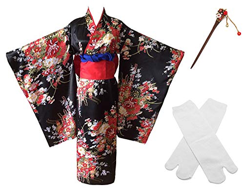 Product Cover Japanese Anime Lolita Cherry Sakura Flower Printing Kimono Costumes Fancy Dress Hairpin tabi Socks Set(CHF006) Black