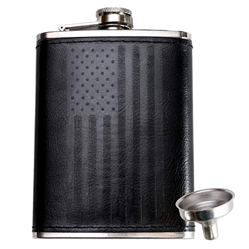 Product Cover Leather Flask with American Flag by Home Aggressive - 8 Ounce - 18-8 304 Stainless Steel Black Leather Wrap Hip Flask with Funnel for Liquor Whiskey Alcohol Wine or Bourbon - Slim Curved