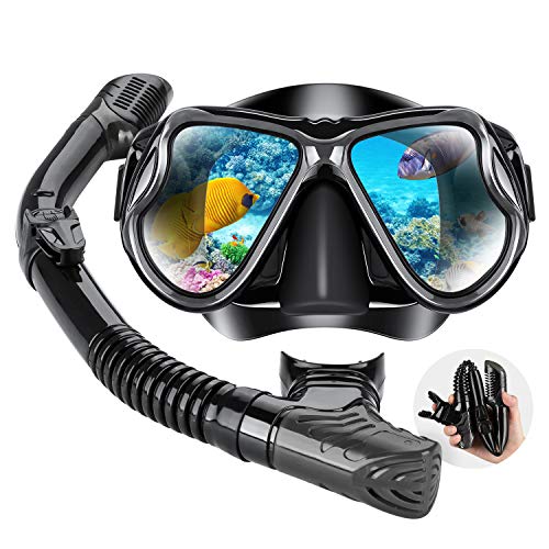 Product Cover Dry Snorkel Mask Set Snorkeling Gear - Foldable Dry Snorkel Set with Dry-wet Switchable Float Valve, Purge Valve Tube, Anti Fog 180 Panoramic Silicone No Leak Seal Mask for Adults and Youth