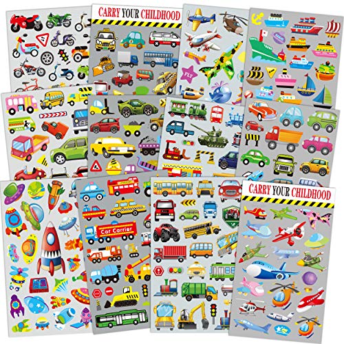 Product Cover HORIECHALY Transportation Stickers for Kids 12 Sheets with Cars, Airplane, Train , Motorbike, Ambulance, Police Car, Fire Trucks, School Bus, Spaceship, Rocket and More!