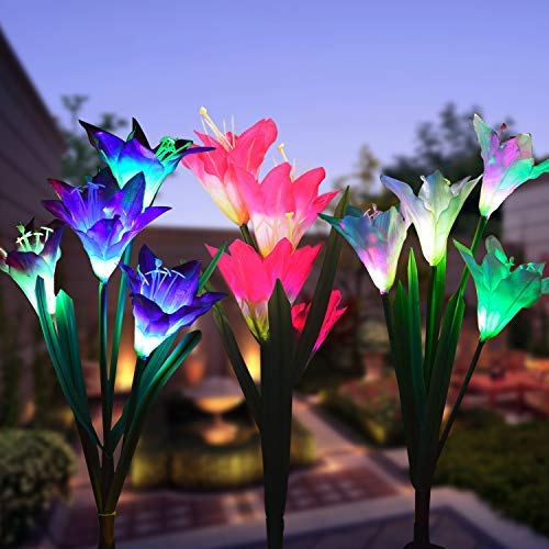 Product Cover Outdoor Solar Garden Stake Lights,3 Pack Solar Powered Lights with 12 Lily Flower, Multi-Color Changing LED Solar Landscape Lighting Light for Garden, Patio (Outdoor Solar Garden Stake Lights-3)
