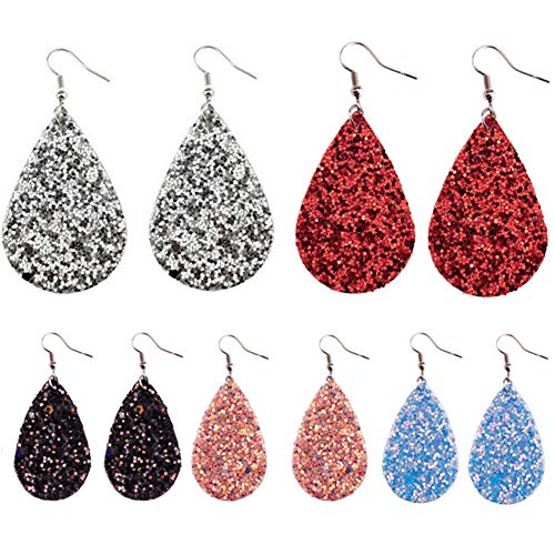 Product Cover GIMEFIVE 4 Pairs Leather Teardrop Glitter Sequins Earring Lightweight Leaf Drop Bohemian Hollow Earrings for Women Girl