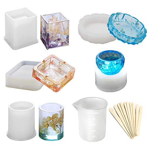 Product Cover Epoxy Resin Silicone Molds, Large Art Resin Molds for Coaster/Ashtray/Flower Pot/Pen Candle Soap Jewelry Holder, Includes Round/Square Ashtray, Cylinder, Cube, Bowl, Mixing Cup and Wood Sticks