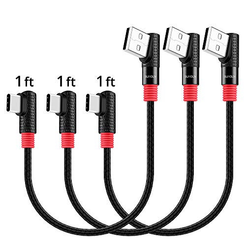 Product Cover 90 Degree USB C Cable, SUNGUY【3Pack, 1ft x3】Right Angle 3A Type C to 45 Degree USB A Braided Cord Quick Charge & Data Sync for Samsung Galaxy A20 A30, Moto G7 Plus G6 Plus, OnePlus 6T 5T (Black)