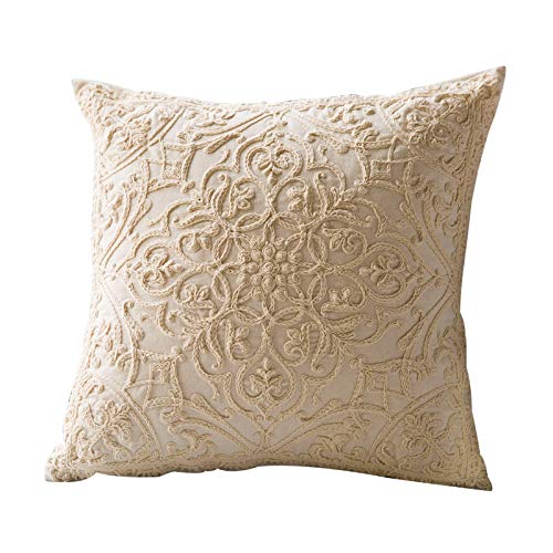 Product Cover iHogar Square Throw Pillow Case Covers Soft Cotton Embroidered Cushion Cover for Couch Bedroom Car Home Decorative 20 x 20 Inch / 50 x 50 cm Beige Flower