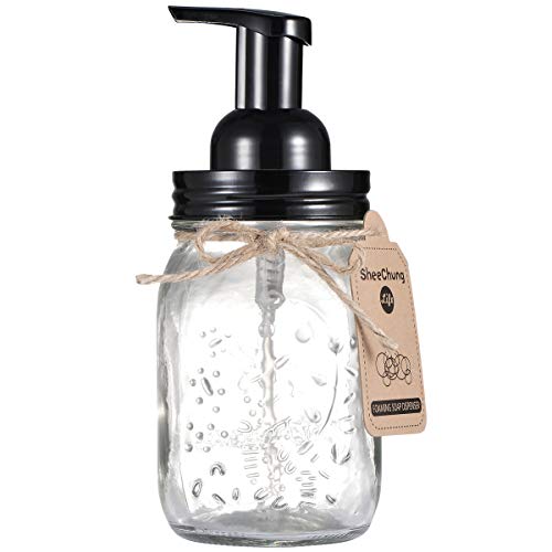 Product Cover Mason Jar Foaming Soap Dispenser - Rustproof Stainless Steel Mason Jar Lid and Foaming Soap Pump,Best Hand Liquid Foam Soap Dispenser Glass for Bathroom Vanities or Kitchen Sink,Countertops - Black