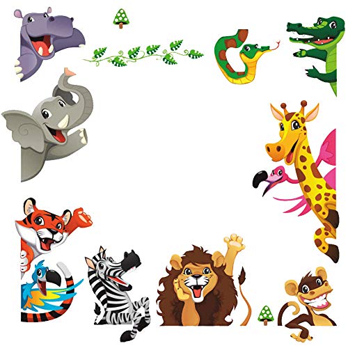 Product Cover DEKOSH Kids Peel & Stick Animal Wall Stickers | Fantasy Jungle Theme Baby Nursery Wall Decals for Playroom | Decorative Kids Wall Decals Contain Colorful Giraffe, Lion & Tiger Stickers