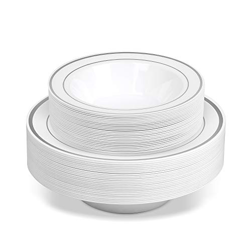 Product Cover 50 Disposable White Silver Rimmed Heavy Duty Plastic Bowls | 25 14 oz. Soup Bowls and 25 6 oz. Dessert/Appetizer Bowls | Premium Combo Disposable Dinnerware with Real China Design | Great for Parties