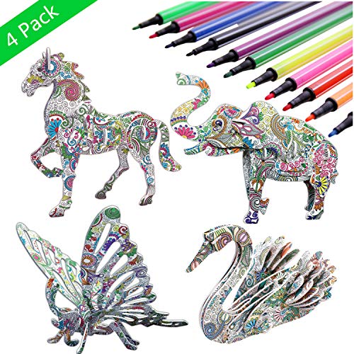Product Cover 3D Coloring Puzzle Set,4 Animals Puzzles with 12 Pen Markers, Art Coloring Painting 3D Puzzle for Kids Age 7 8 9 10 11 12. Fun Creative DIY Toys Gift for Girls and Boy