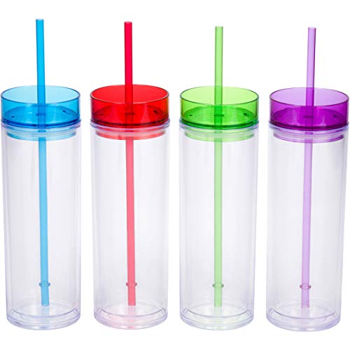 Product Cover 4 Pack - Top House Insulated Acrylic Tumblers with Colored Lids and Straws, 16oz Insulated Travel Cups, 8 Reusable Straws (Assorted Colors)