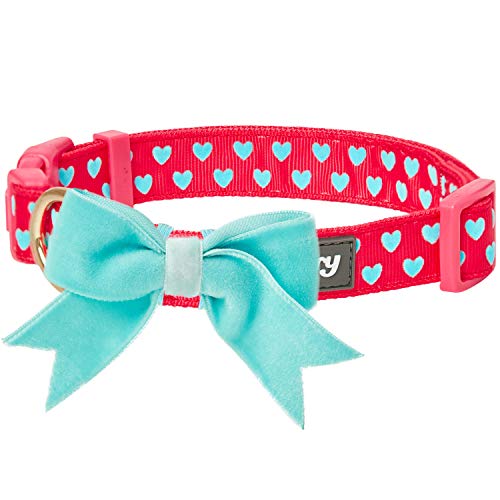Product Cover Blueberry Pet 2019 New 4 Patterns Adjustable Flocking Dog Collar with Detachable Velvety Bowtie - Heart in Lust Red, Large, Neck 18