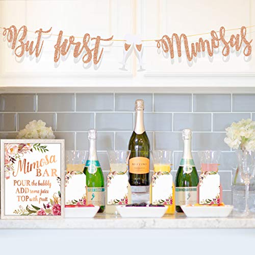 Product Cover MORDUN Mimosa Bar Supplies - Rose Gold Sign Banner Tags Kit- Bridal Shower Decorations - Decor for Baby Shower Champagne Brunch Bubbly Bar Wedding Engagement Birthday Party Graduation Fiesta