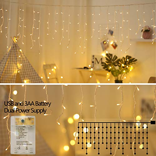 Product Cover zhuohao LED Icicle Lights,10Ft 90 LED Window Curtain String Light,8 Modes USB Battery Operated,Waterproof Fairy String Lights for Indoor Outdoor Wedding Party Home Garden Wall Decorations,Warm White