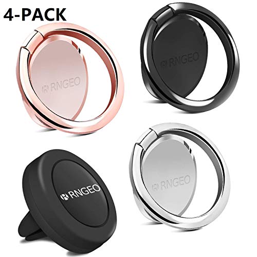 Product Cover Rngeo Finger Ring Stand & Magnetic Mount Set, Pack of 4 Universal Thin 360 Degree Rotation Phone Rings & Air Vent Cell Phone Holder for Car, Compatible with All iPhone & Android Smartphones
