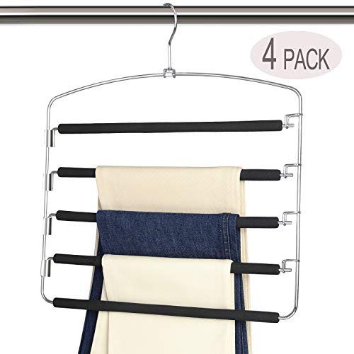 Product Cover Magicool Space Saving Metal Pants Hangers(4 Pack) 5 Layers Skidproof Foam Padded with Swing Arm Closet Organizer for Pants Jeans Trousers Skirts Scarf Ties