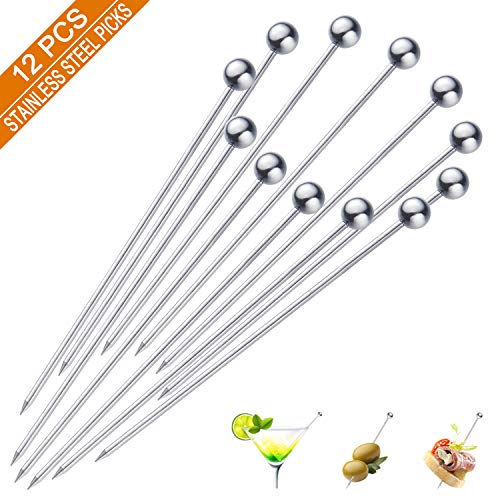 Product Cover Cocktail Picks in Gift Box - Premium Stainless Steel Martini Olive Skewers Reusable Sandwich Sticks Appetizer Toothpicks Fruit Stick, Perfect for Party Home Bar - 4.3 Inches, 12PCS (Small Ball)