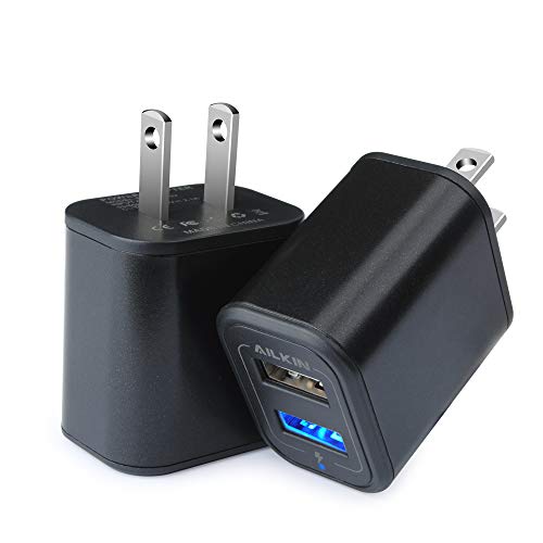 Product Cover USB Power Adapter, Wall Plug, Ailkin 2-Pack 5V/2.1A Fast Charging Cell Phone Cube Home/Travel Wall Charger Block Box Brick Base for Phone XS/XR/10/8/7, Pad, Samsung Galaxy, LG, HTC, More USB Plug