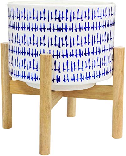 Product Cover Ceramic Plant Pot with Wood Stand - 7.3 Inch Modern Round Decorative Flower Pot Indoor with Wood Planter Holder, Blue and White, Home Decor Gift (No Drainage Hole)