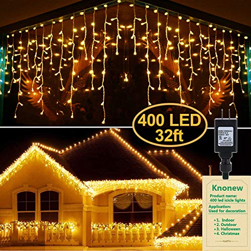 Product Cover KNONEW LED Icicle Lights, 400 LEDs, 32ft, 8 Modes, Curtain Fairy Light with 75 Drops, Clear Wire LED String Decor for Christmas/Thanksgiving/Easter/Halloween/Party Backdrops Decorations (Warm White)