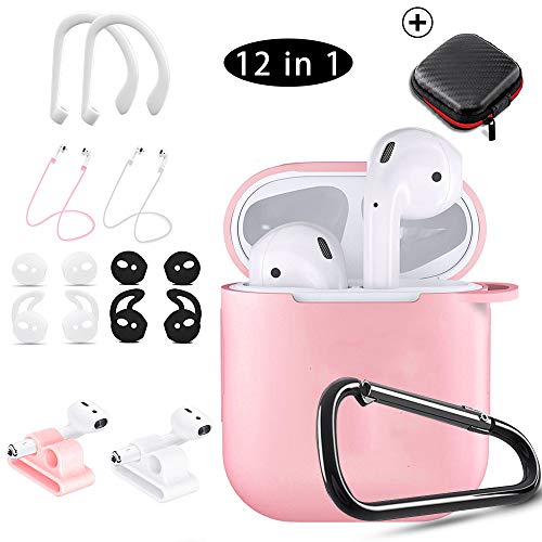 Product Cover Airpods Case Pink,HOOXIN Airpods Accessories Set,12 in 1 Protective Silicone Cover and Skin for Apple Airpods Charging Case with Airpods Ear Hook Grips/Airpods Staps/Airpods Clips/Skin/Tips/Grips