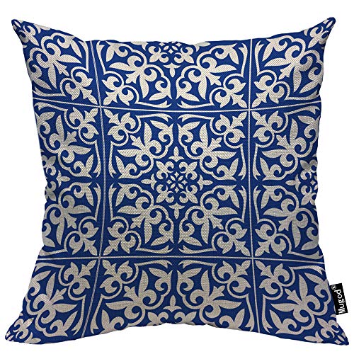 Product Cover Mugod Moroccan Tile Pillow Cover Ikat Damask Traditional Floral Cobalt Blue and White Decorative Throw Pillow Cases Cotton Linen Indoor Square Cushion Covers 18x18 Inch for Home Sofa Couch