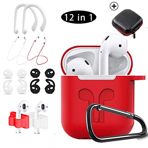 Product Cover Airpods Case Red,HOOXIN Airpods Accessories Set,12 in 1 Protective Silicone Cover and Skin for Apple Airpods Charging Case with Airpods Ear Hook Grips/Airpods Staps/Airpods Clips/Skin/Tips/Grips