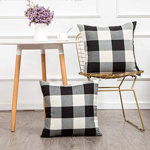 Product Cover MKLFBT Pack of 2 Farmhouse Decor Christmas Pillow Covers 20 x 20 Black White Buffalo Checked Plaids Fall Throw Pillow Covers Linen Cushion Covers for Sofa Couch Outdoor Camping