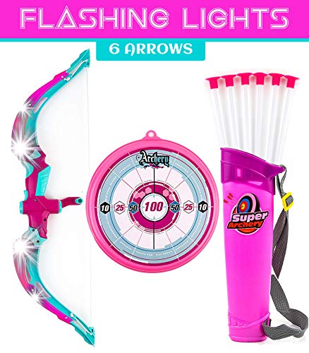 Product Cover Toysery Bow and Arrow for Kids with LED Flash Lights - Archery Bow with 6 Suction Cups Arrows, Target, and Quiver - Practice Outdoor Toys for Children Above 6 Years of Age, Pink